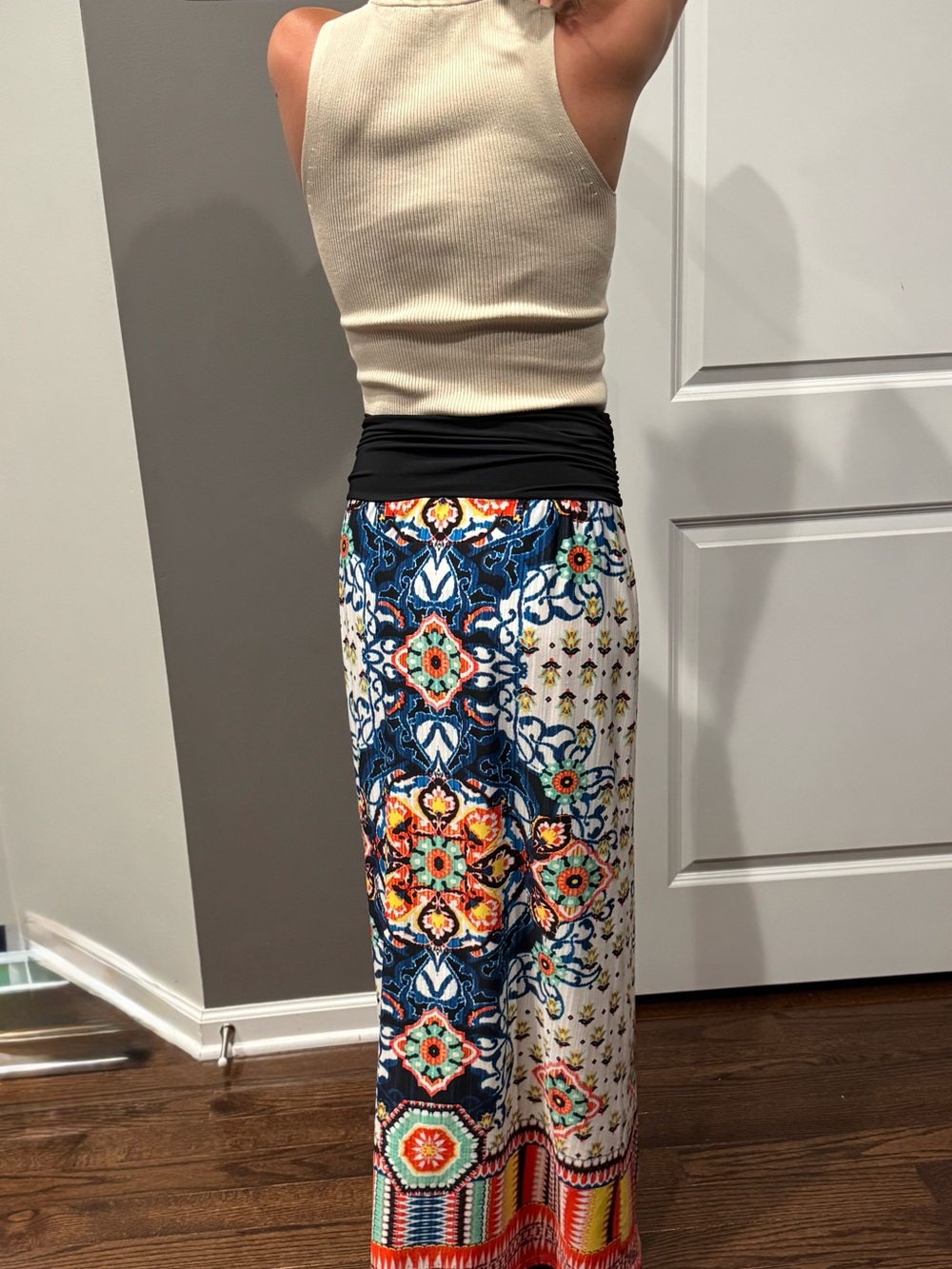 Colorful Bohemian Maxi Skirt with Black Waistband